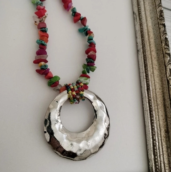 Seed Beaded Chain Lobster Clasp Silver Tone Pendant Necklace - Picture 1 of 8